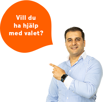 Rafi servicerådgivare i Västervik och pratbubbla med texten "Vill du ha hjälp med valet?"